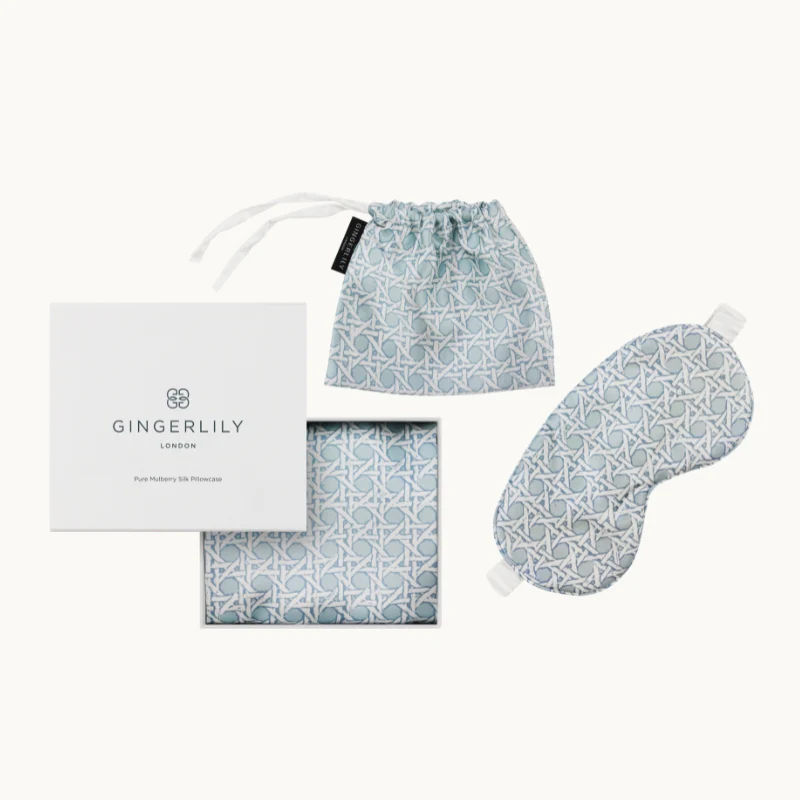 Silk Rattan Set, Piped Pillowcase & Eye Mask Blue - Image 2